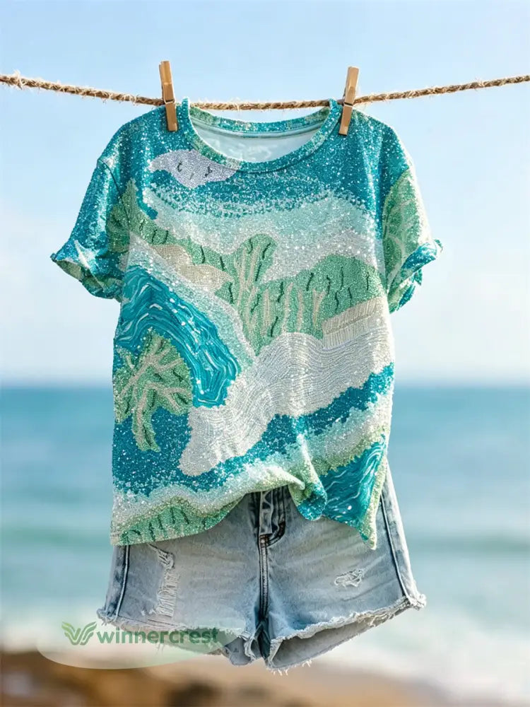 Women’s Underwater Coral Inspired Glitter Art Print short-sleeved T-shirt - Blue-Green / S