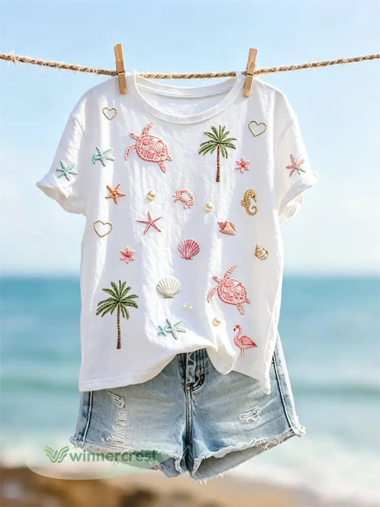 Women’s Vacation Beach Elements Pattern Print short-sleeved T-shirt - White / S