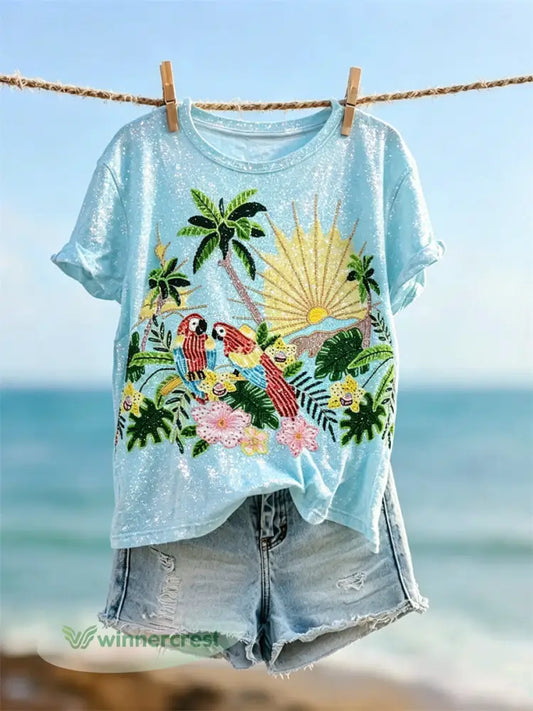 Women’s Vacation Macaw Island Beach Glitter Art Print short-sleeved T-shirt - Blue / S