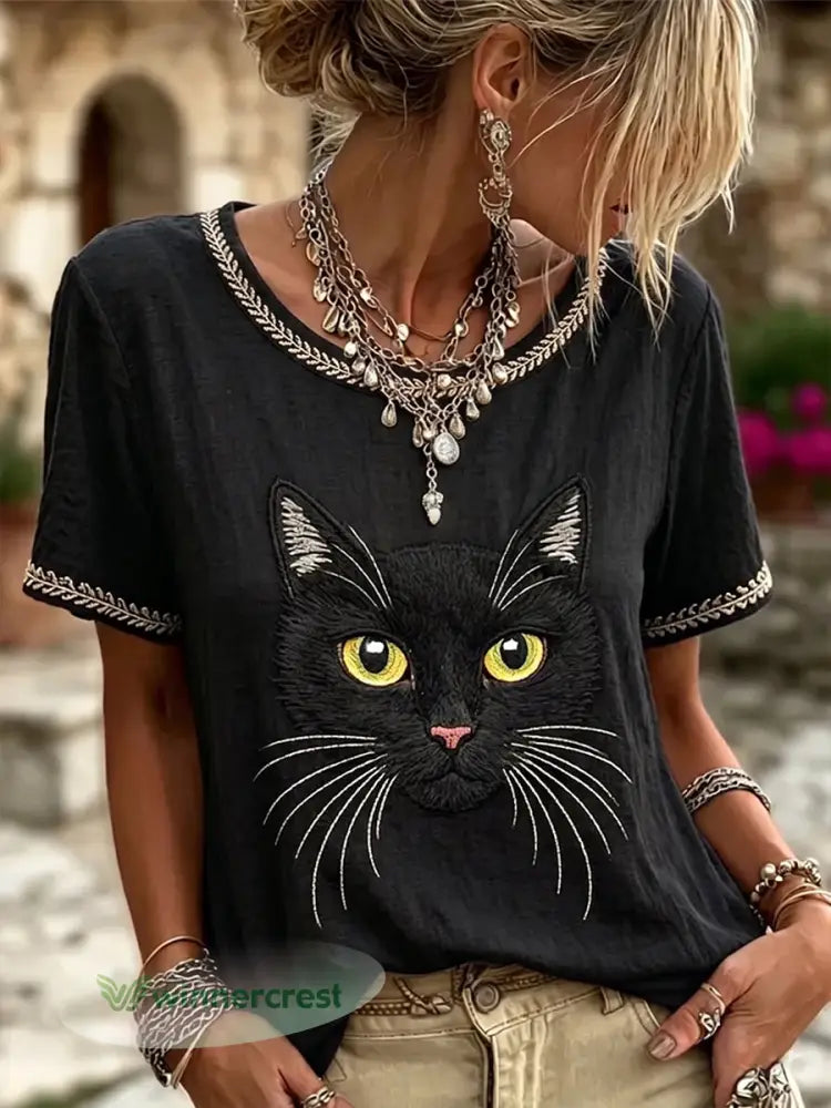 Women’s Vintage Black Cat Face Art Linen Round Neck Short Sleeves Top - Black / S