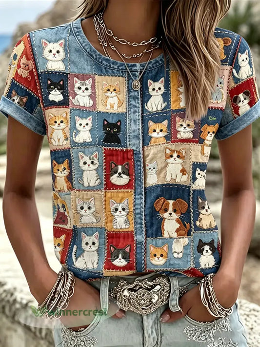 Women’s Vintage Cat And Dog Art Color-block Cotton Linen Crew Neck Short Sleeve T-shirt - As picture / S