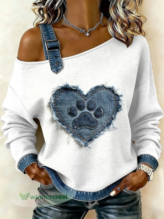 Women’s Vintage Dog’s Paw Patchwork Print Casual Off-Shoulder Sweatshirt - As picture / S