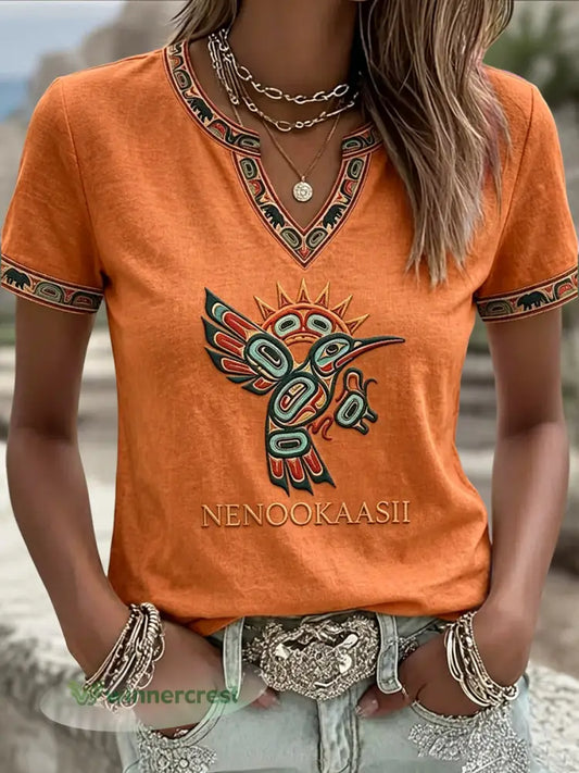 Women’s Vintage Native American Thunderbird Totem Casual V-Neck T-Shirt - Orange / S