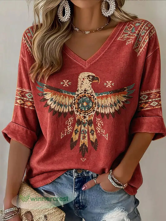 Women’s Vintage Retro Indigenous Eagle Print Casual V-Neck T-Shirt - Multicolour / S
