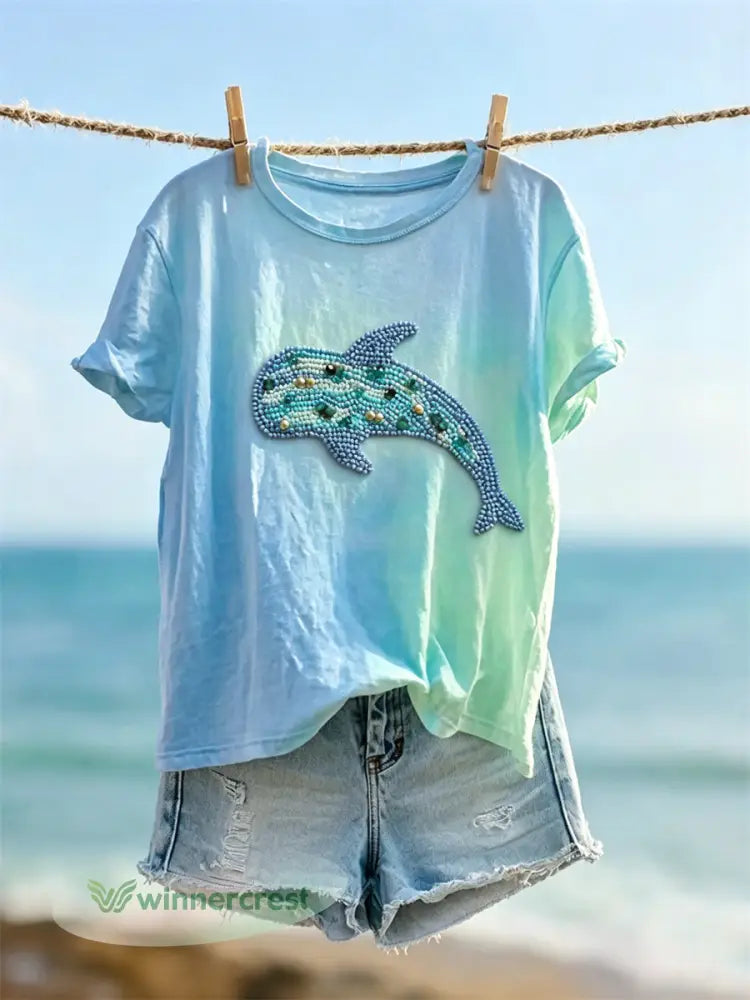 Women’s Whale Beaded Art Print Gradient short-sleeved T-shirt - Blue / S