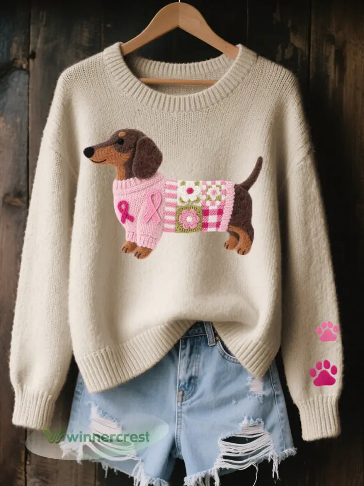 Women’s Wool Felt Art Dachshund Pattern Cozy Knit Sweater - Apricot / S