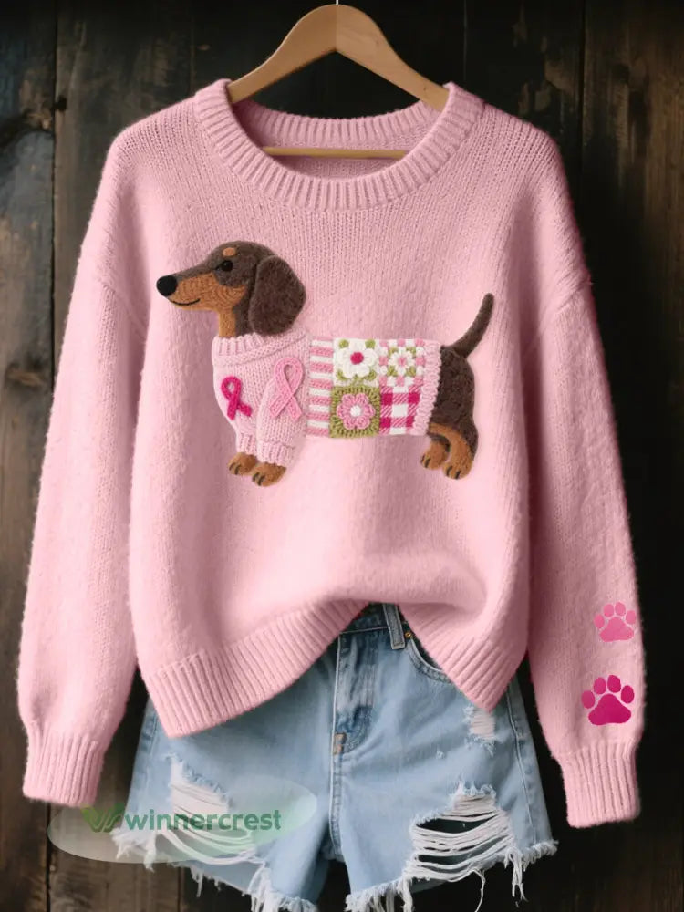 Women’s Wool Felt Art Dachshund Pattern Cozy Knit Sweater - Pink / S