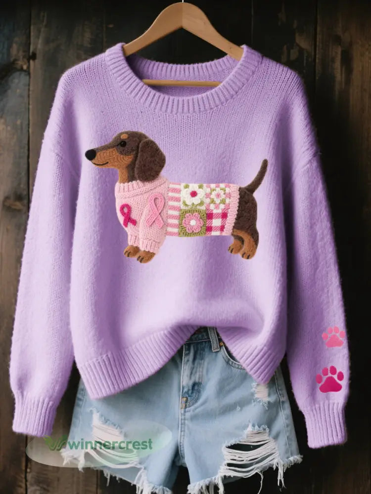 Women’s Wool Felt Art Dachshund Pattern Cozy Knit Sweater - Purple / S