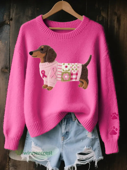 Women’s Wool Felt Art Dachshund Pattern Cozy Knit Sweater - Rose Red / S