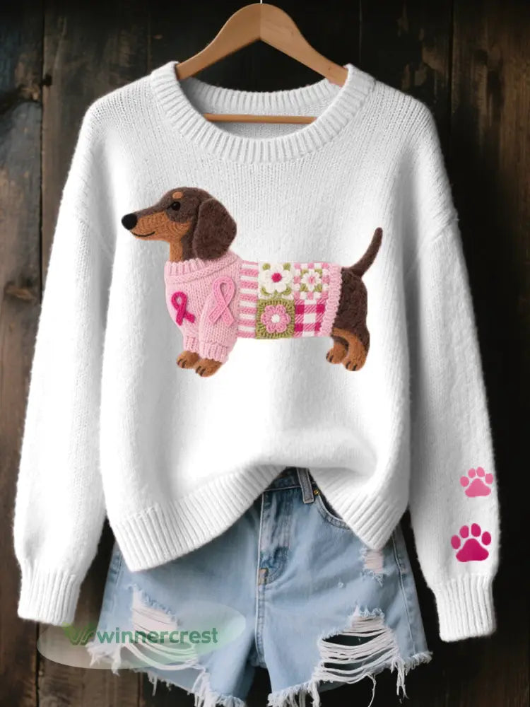Women’s Wool Felt Art Dachshund Pattern Cozy Knit Sweater - White / S