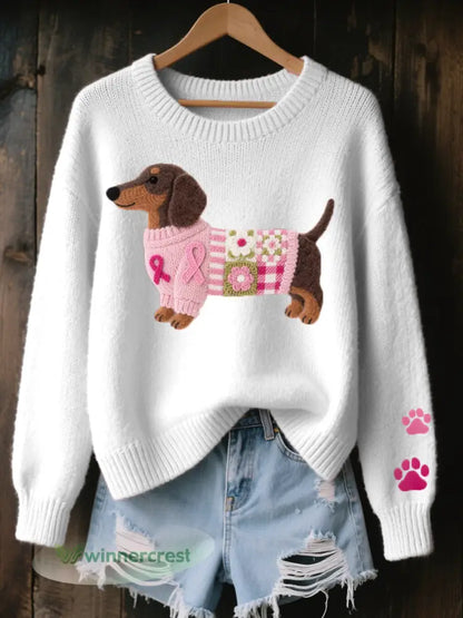Women’s Wool Felt Art Dachshund Pattern Cozy Knit Sweater - White / S